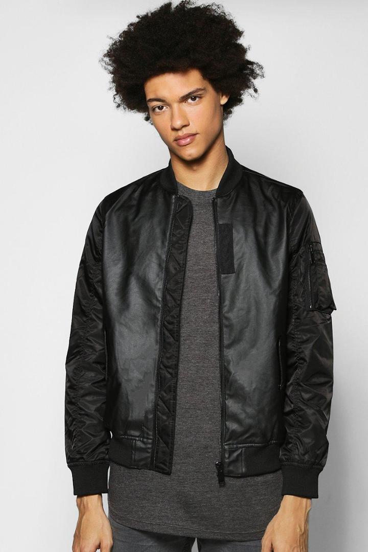 Boohoo Pu Bomber With Nylon Sleeves Black