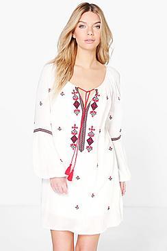 Boohoo Letizia Embroidered Tassel Shift Dress