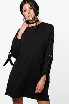 Boohoo Indi Sweat Dress With Eyelet Tie Sleeve Detail