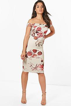 Boohoo Tanzy Leaf Print Off The Shoulder Midi Dress