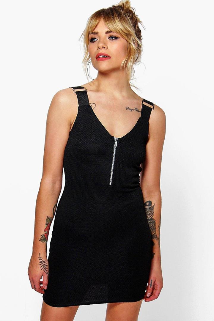 Boohoo Charly Buckle Trim Zip Front Bodycon Dress Black