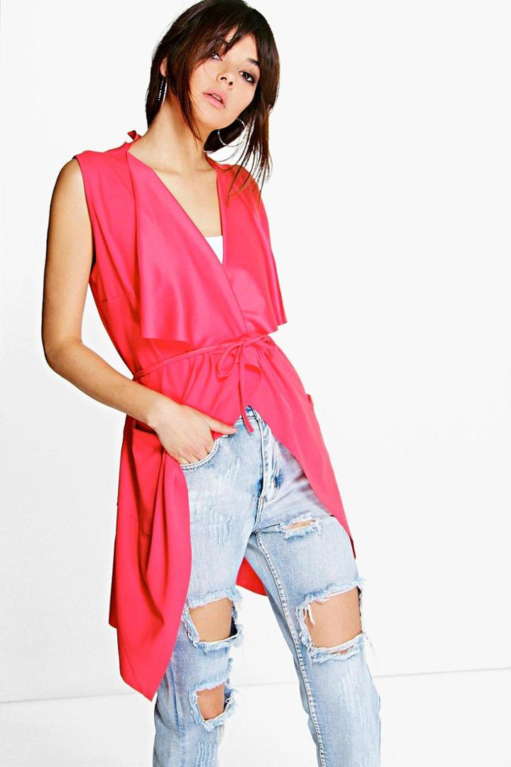 Boohoo Angela Sleeveless Belted Duster Coral