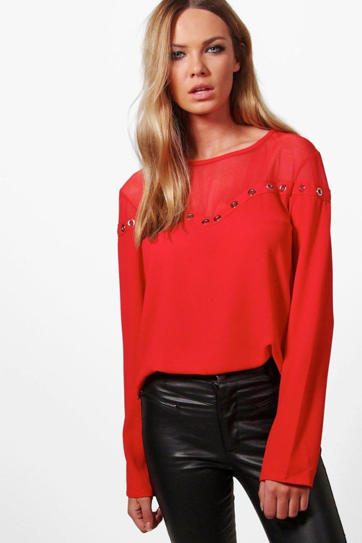 Boohoo Mia Eyelet Detail Mesh Insert Blouse Red
