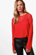 Boohoo Mia Eyelet Detail Mesh Insert Blouse Red