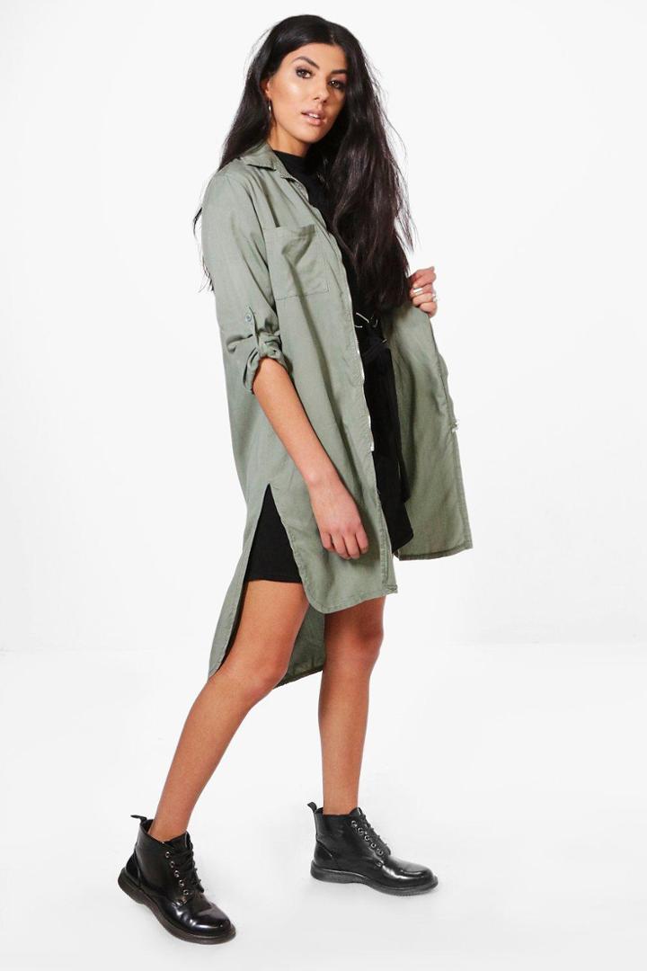Boohoo Anna Longline Zip Through Utility Shacket Khaki