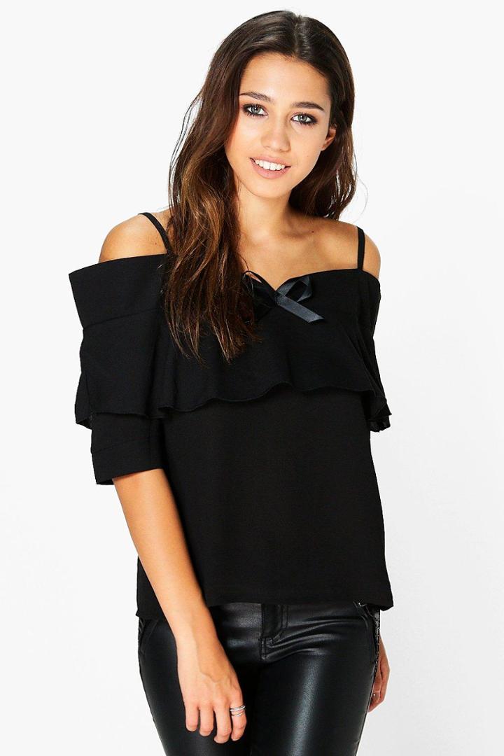Boohoo Flora Cold Shoulder Frill Woven Top Black
