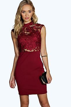 Boohoo Larissa High Neck Lace Midi Dress