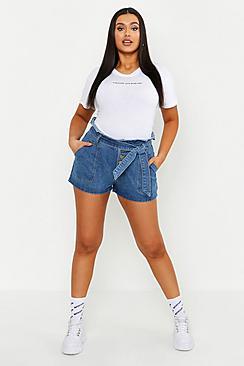 Boohoo Plus Denim Tie Waist Shorts