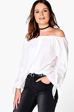 Boohoo Molly Woven Button Through Off The Shoulder Top
