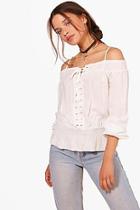 Boohoo Nadia Lace Up Eyelet Shirred Cold Shoulder Blouse
