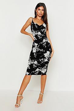 Boohoo Strappy Cowl Neck Floral Print Dress