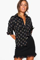 Boohoo Petite Sara Daisy Print Western Shirt Black