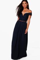 Boohoo Boutique Rosie Lace Off The Shoulder Maxi Dress Navy