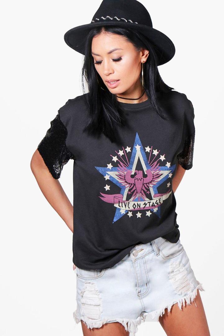 Boohoo Keira Oversized Sequin Sleeve T-shirt Grey