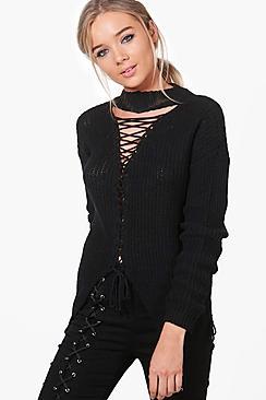 Boohoo Darcy Extreme Lace Up Detail Choker Jumper