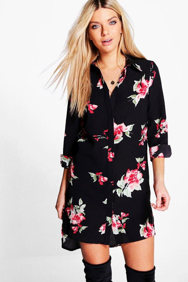 Boohoo Aldabella Floral Print Shirt Dress Black