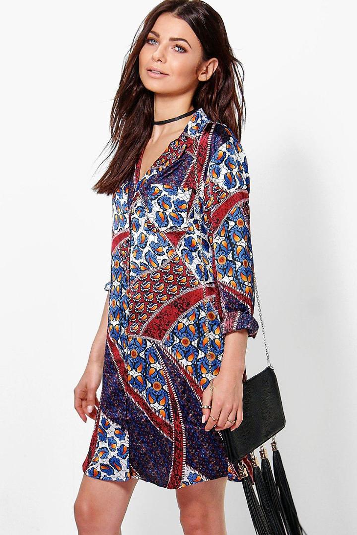 Boohoo Jinny Satin Paisley Pyjama Shirt Dress Multi