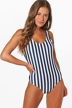 Boohoo Petite Hannah Stripe Scoop Neck Swimsuit