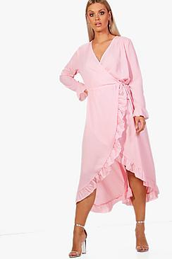 Boohoo Plus Plus Long Ruffle Wrap Midi Dress