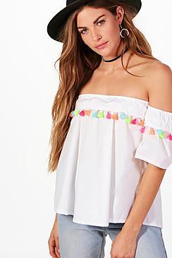 Boohoo Eva Woven Tassel Trim Off The Shoulder Top