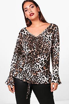 Boohoo Plus Sasha Leopard Rouched Plunge Top