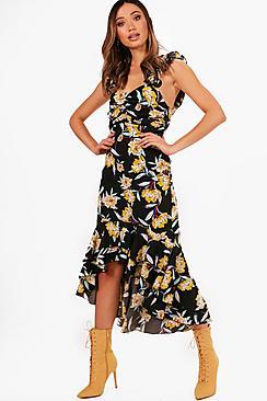 Boohoo Boutique Anne Floral Drop Hem Dress