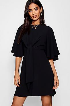 Boohoo Hannah Tie Front Woven Skater Dress