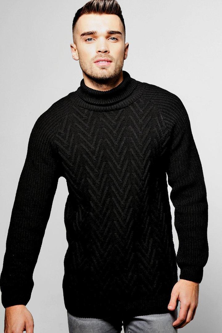 Boohoo Roll Neck Chevron Jumper With Raglan Sleeves Black