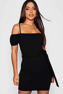 Boohoo Cold Shoulder Puff Sleeve Bodycon Dress