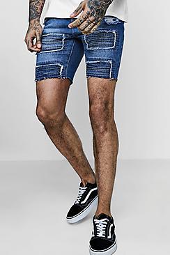 Boohoo Repaired Biker Detail Slim Fit Denim Shorts