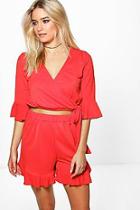 Boohoo Mia Wrap Top Frill Shorts Co-ord