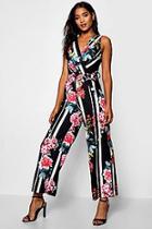 Boohoo Floral Stripe Wrap Jumpsuit