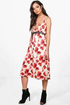 Boohoo Gia Poppy Print Plunge Midi Skater Dress Ivory