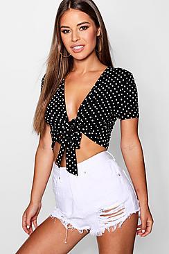 Boohoo Petite Jo  Short Sleeve Spot Knot Front Crop Top