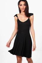 Boohoo Immie Ruffle Strap Tie Back Skater Dress Black