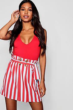 Boohoo Woven Stripe Button & Tie Mini Skirt