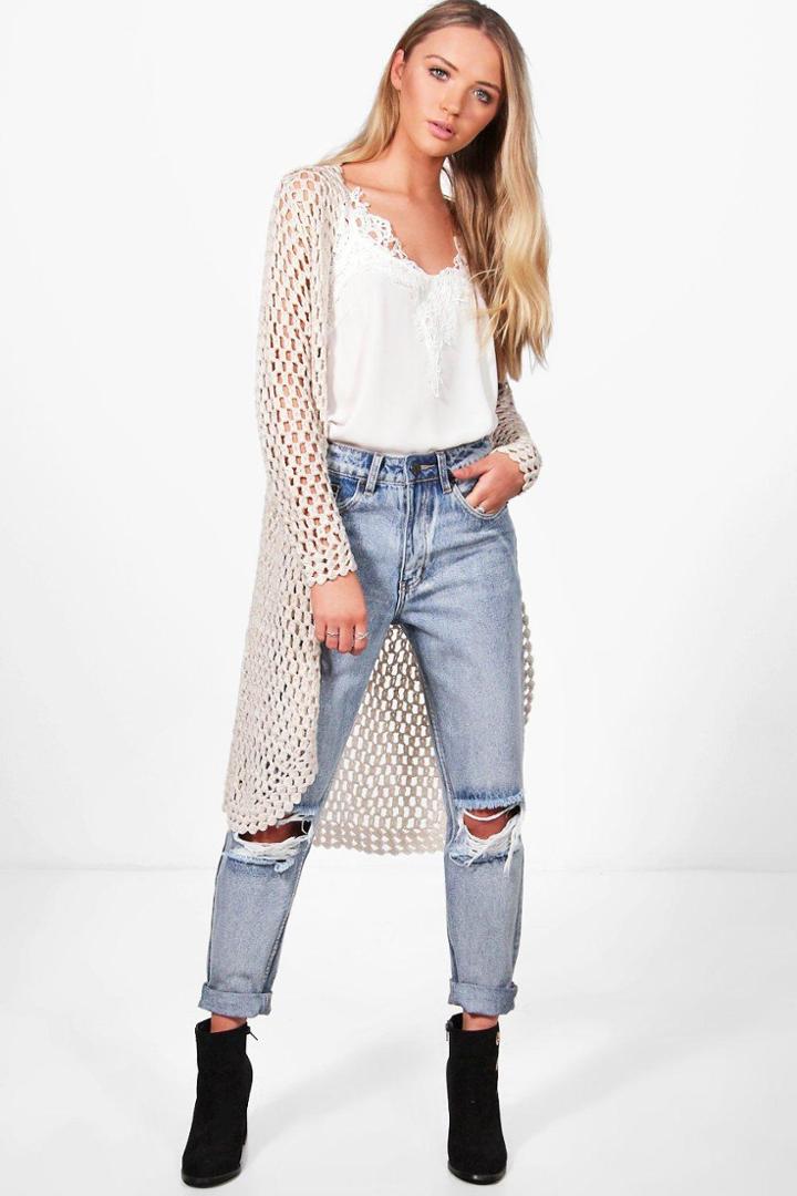 Boohoo Holly Crochet Cardigan Stone