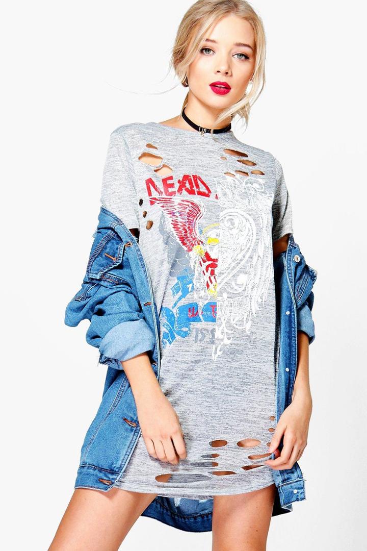 Boohoo Violet Distressed Spliced Print Knit Band Tee Dress Grey