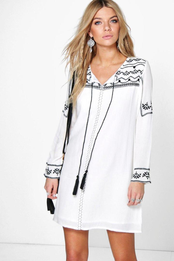 Boohoo Selena Embroidered Tassel Dress Ivory
