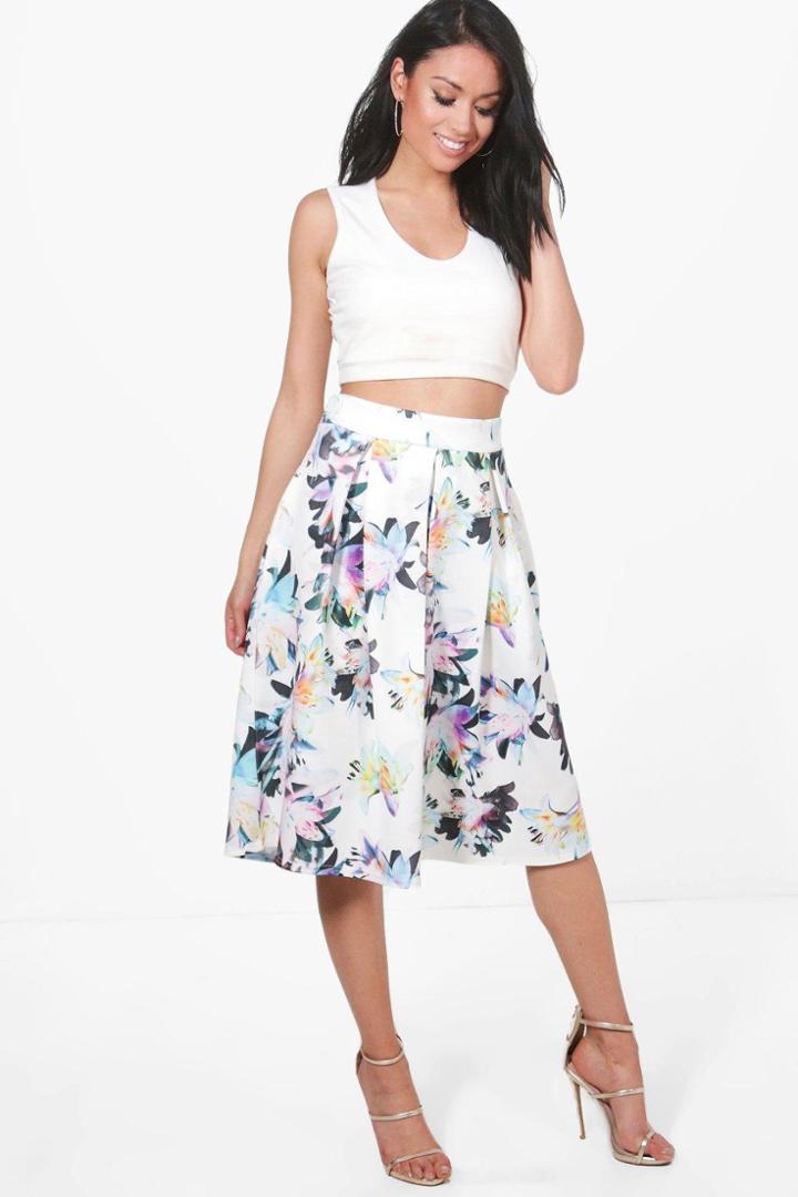 Boohoo Samera Floral Box Pleat Skater Skirt Ivory