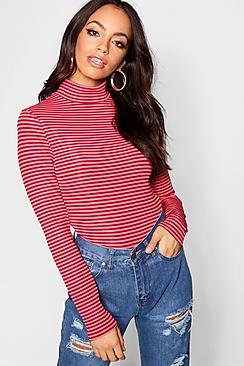 Boohoo High Neck Stripe Rib Long Sleeve Top