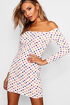 Boohoo Beth Rainbow Polka Dot Long Sleeve Bodycon Dress
