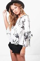 Boohoo Daisy Floral Woven Tie Sleeve Top