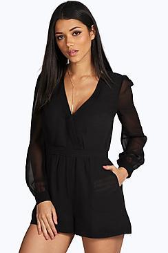 Boohoo Kate Gathered Front Chiffon Long Sleeve Playsuit