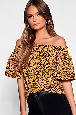 Boohoo Animal Print Off The Shoulder Top