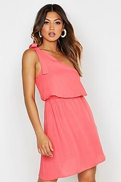 Boohoo One Shoulder Tie Detail Skater Linen Dress