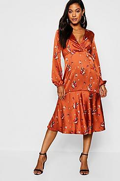 Boohoo Satin Floral Midi Skater Dress