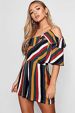 Boohoo Bold Stripe Ruffle Playsuit