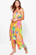 Boohoo Amy Neon Tropical Leaf Hanky Hem Beach Dress