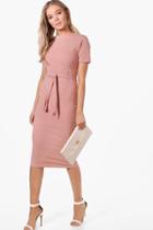 Boohoo Eve Pleat Front Belted Tailored Midi Dress Rose